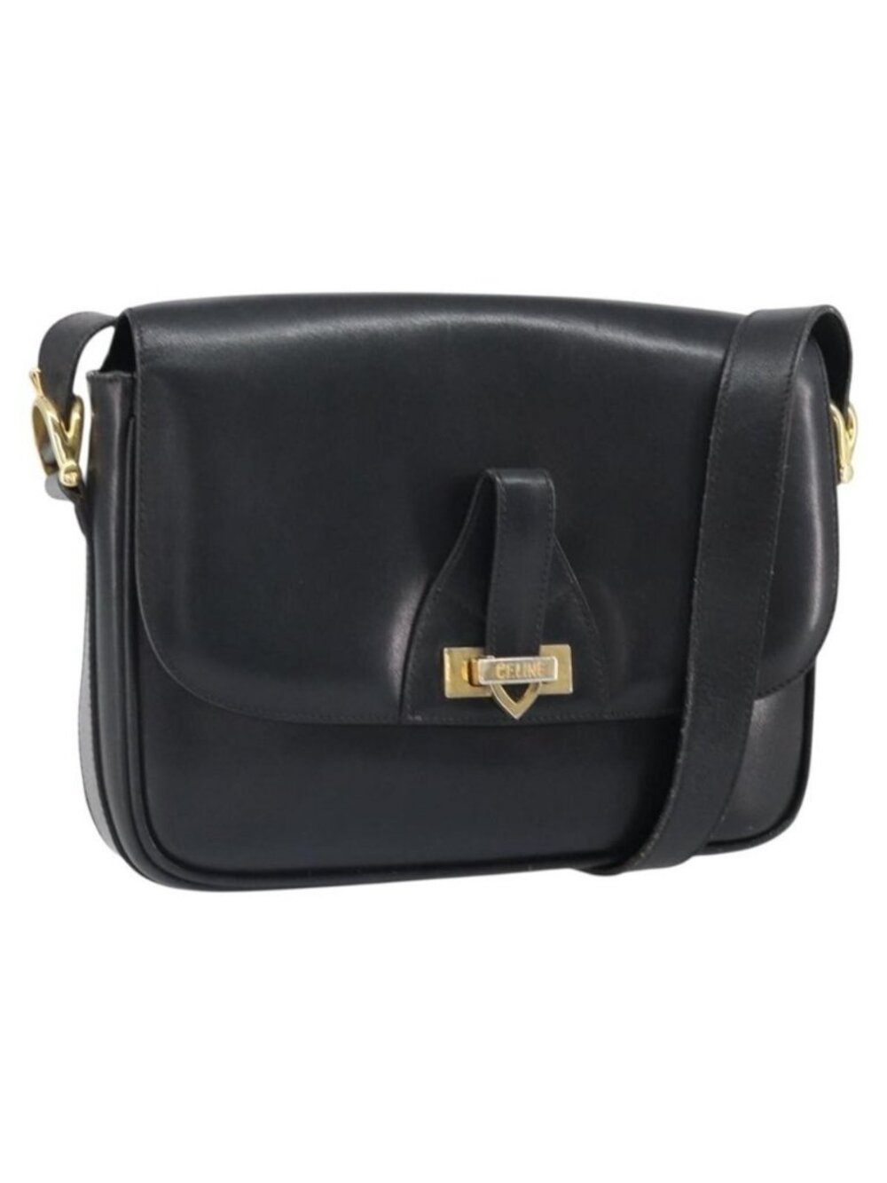 Authentic CELINE Shoulder Bag Leather Black Gold